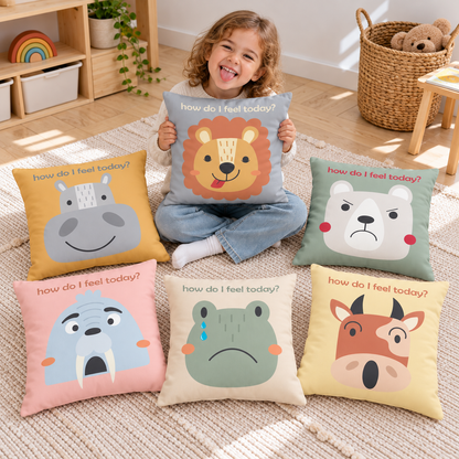 Child holding the lion emotion cushion in a calm home playroom