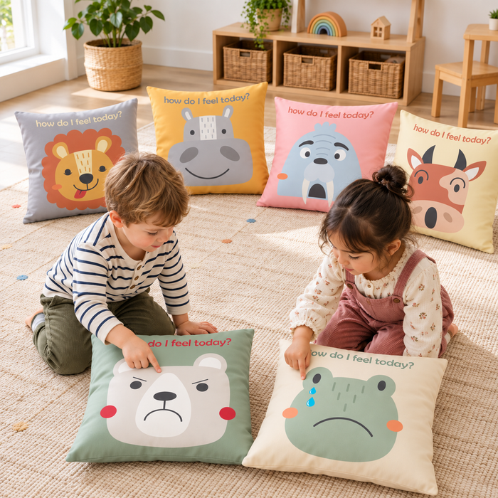 Two children comparing the bear and frog emotion cushions in a classroom