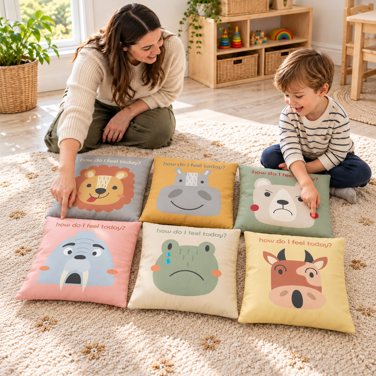 Child and practitioner exploring six emotion cushions in a window-lit nursery