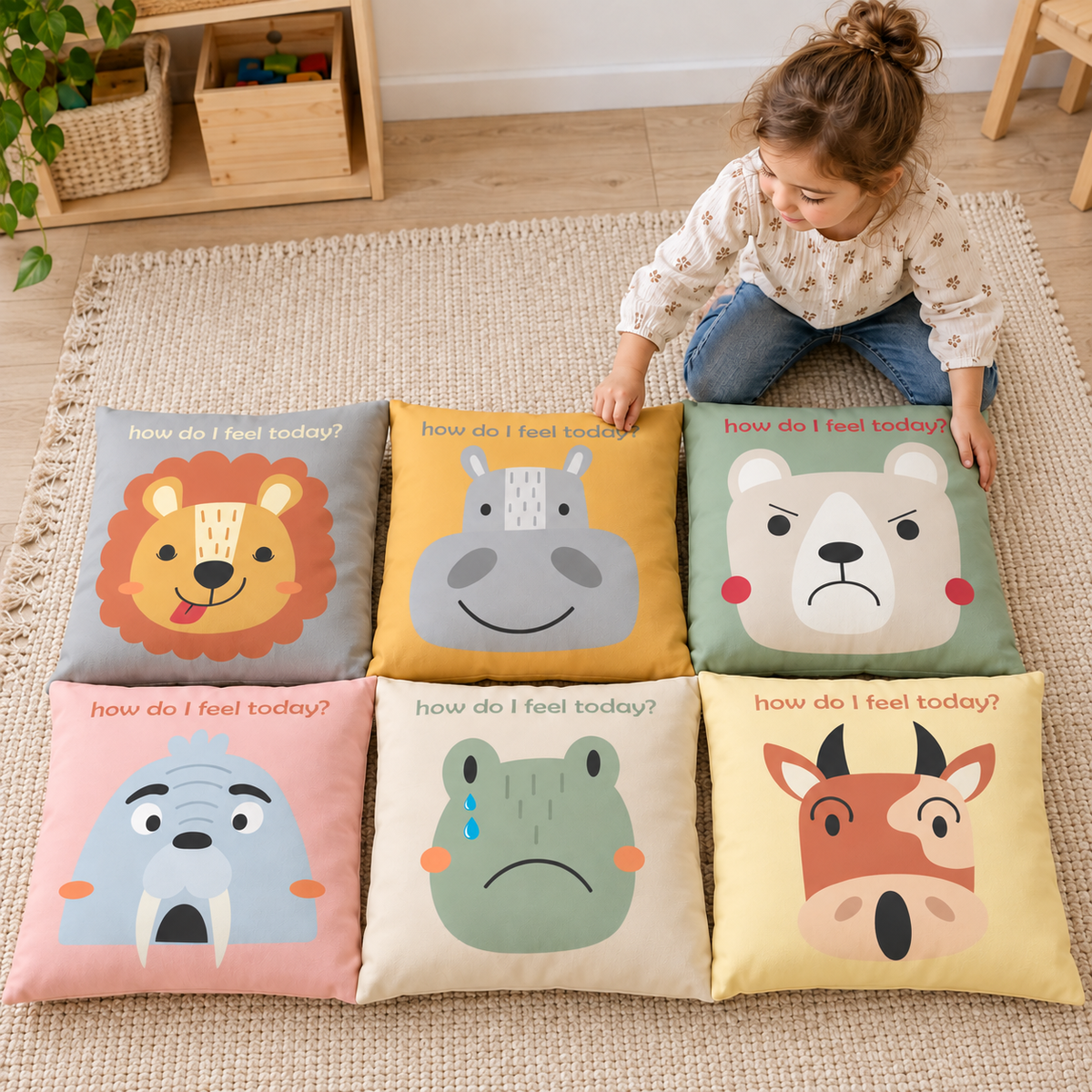 Child arranging six emotion cushions during a preschool activity