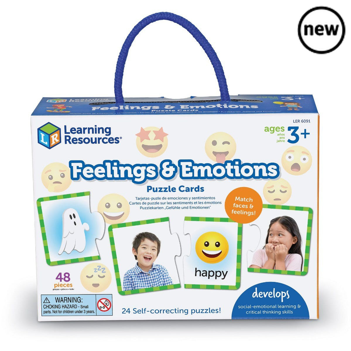 Feelings & Emotions Puzzle Cards, Help preschoolers build social emotional learning (SEL) skills with these colourful Feelings & Emotions Puzzle Cards. Each 2-piece puzzle shows a full colour photo of a real child making a facial expression on a piece, with a colourful corresponding emoji on the other piece. The puzzles are keyed differently, which means there’s only one correct solution. This allows children to self-correct and learn independently. Includes 24 puzzles in a reusable storage box with carry h