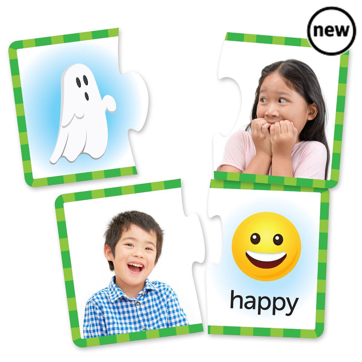 Feelings & Emotions Puzzle Cards, Help preschoolers build social emotional learning (SEL) skills with these colourful Feelings & Emotions Puzzle Cards. Each 2-piece puzzle shows a full colour photo of a real child making a facial expression on a piece, with a colourful corresponding emoji on the other piece. The puzzles are keyed differently, which means there’s only one correct solution. This allows children to self-correct and learn independently. Includes 24 puzzles in a reusable storage box with carry h