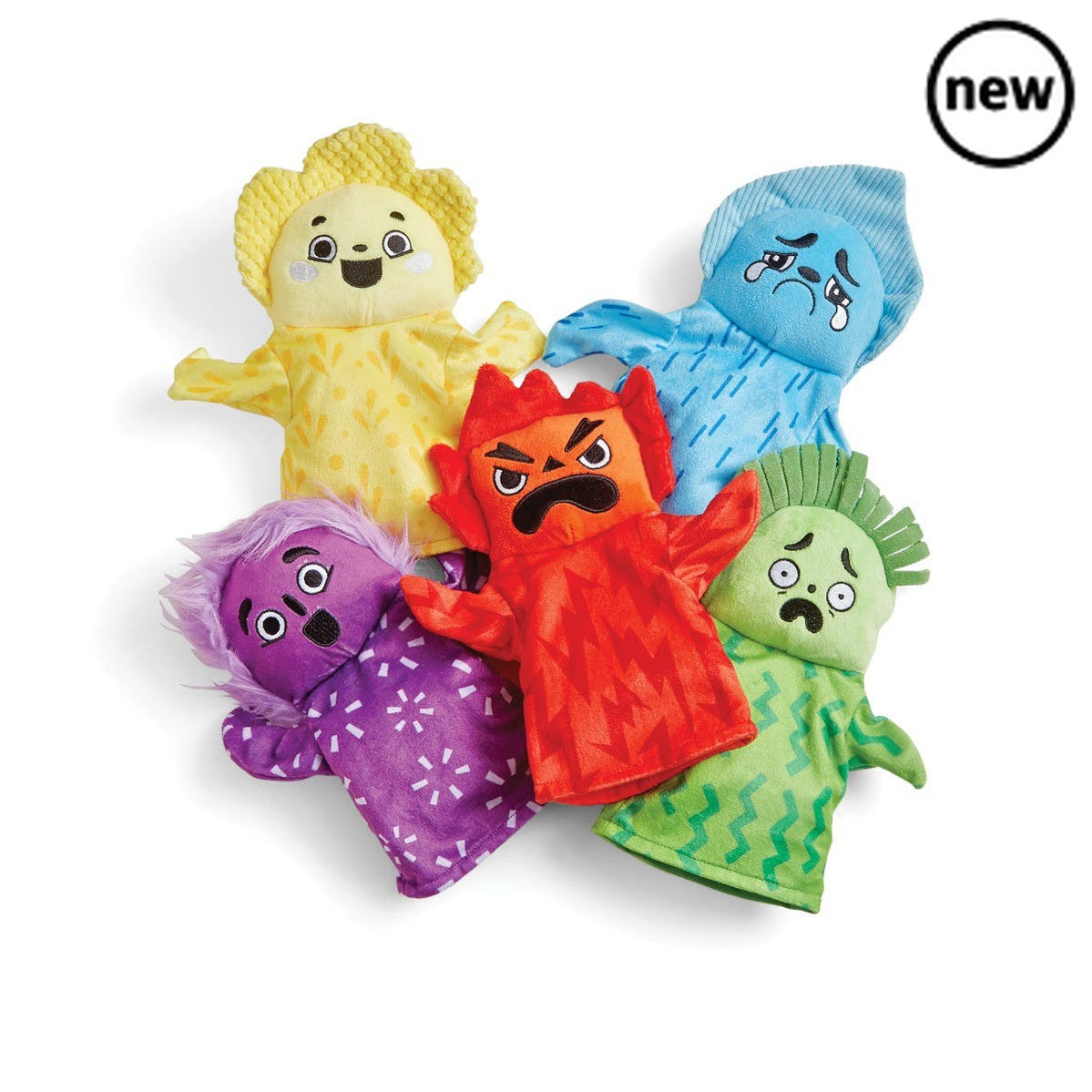 Feelings Family Hand Puppets, Whether happy, sad, surprised, angry or scared, these 5 colourful Feelings Family Hand Puppets for kids help young children explore feelings and emotions through guided or free-play, or storytelling activities. Perfectly sized to fit a child’s hands and most adult’s, they are uniquely designed with tactile elements to help children engage with their feelings, and made from soft, durable materials. The hair on the happy, angry and sad puppets makes a crinkly sound, which adds an