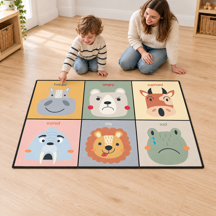 Child pointing to the happy hippo on the Feelings Playmat in a nursery