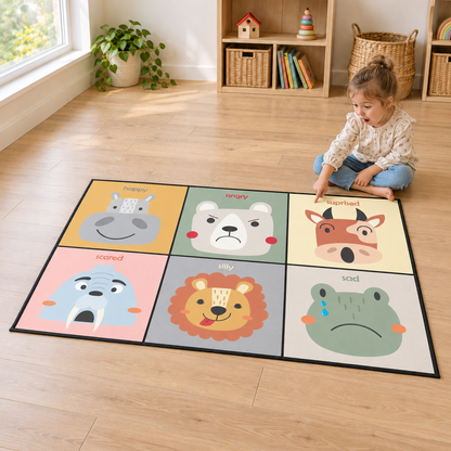 Child exploring the surprised cow panel in a home playroom