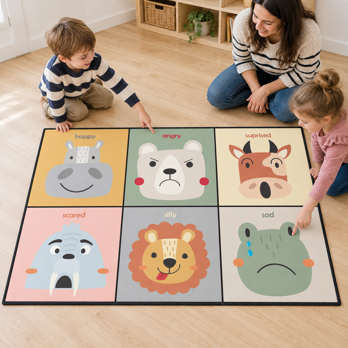 Two children discussing feelings on the six-panel playmat in a classroom