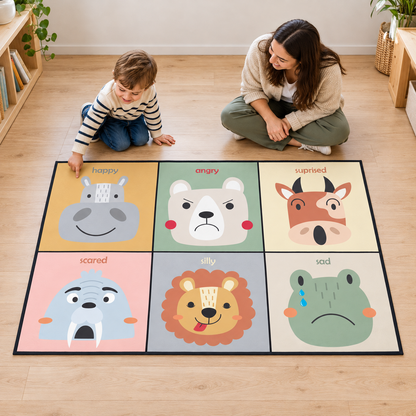 Child selecting the happy panel during a preschool feelings activity