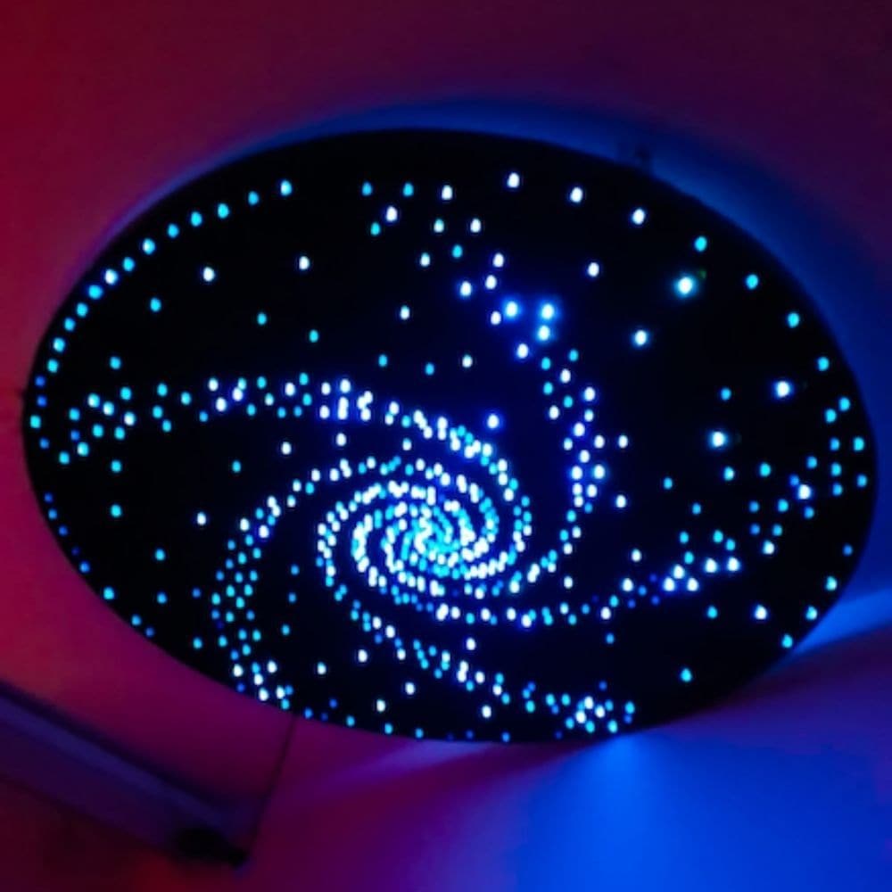 Fibre Optic Ceiling Ring Display, Create a stunning galaxy of stars on the ceiling of a sensory room or sensory area with this fibre optic ceiling kit. Decorative and offers visual interest, especially to users who spend a lot of time lying down and looking upwards. Control the colours with the remote control or let it scroll through a colour changing sequence to create a starry night light show. Most effective in a darkened environment. Professional installation required as the disc needs fixing to the cei