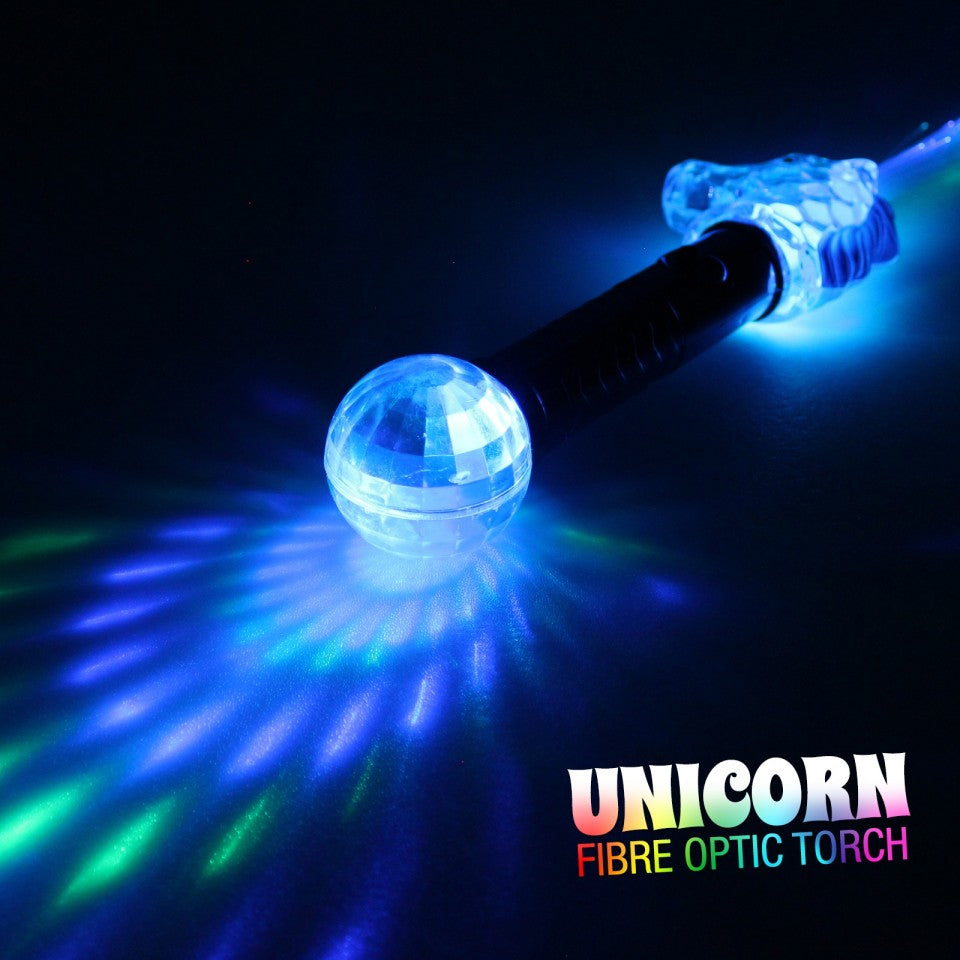 Fibre Optic Unicorn Torch, A magical unicorn with added sparkle, colour change fibre optics sprout from the head of this unicorn wand that's packed with colour change LEDs! With a colourful metallic handle that's finished with a kaleidoscopic disco ball for double the effects, this enchanting Fibre Optic Unicorn Torch has six cool modes! Fibre Optic Unicorn Torch Handle features clear unicorn head and disco ball Fibre optics sprout from unicorns head 6 modes; RGB flash, colour change, static colour RGB, fla