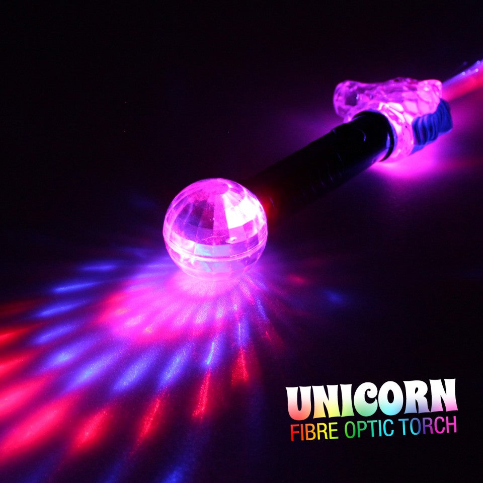Fibre Optic Unicorn Torch, A magical unicorn with added sparkle, colour change fibre optics sprout from the head of this unicorn wand that's packed with colour change LEDs! With a colourful metallic handle that's finished with a kaleidoscopic disco ball for double the effects, this enchanting Fibre Optic Unicorn Torch has six cool modes! Fibre Optic Unicorn Torch Handle features clear unicorn head and disco ball Fibre optics sprout from unicorns head 6 modes; RGB flash, colour change, static colour RGB, fla