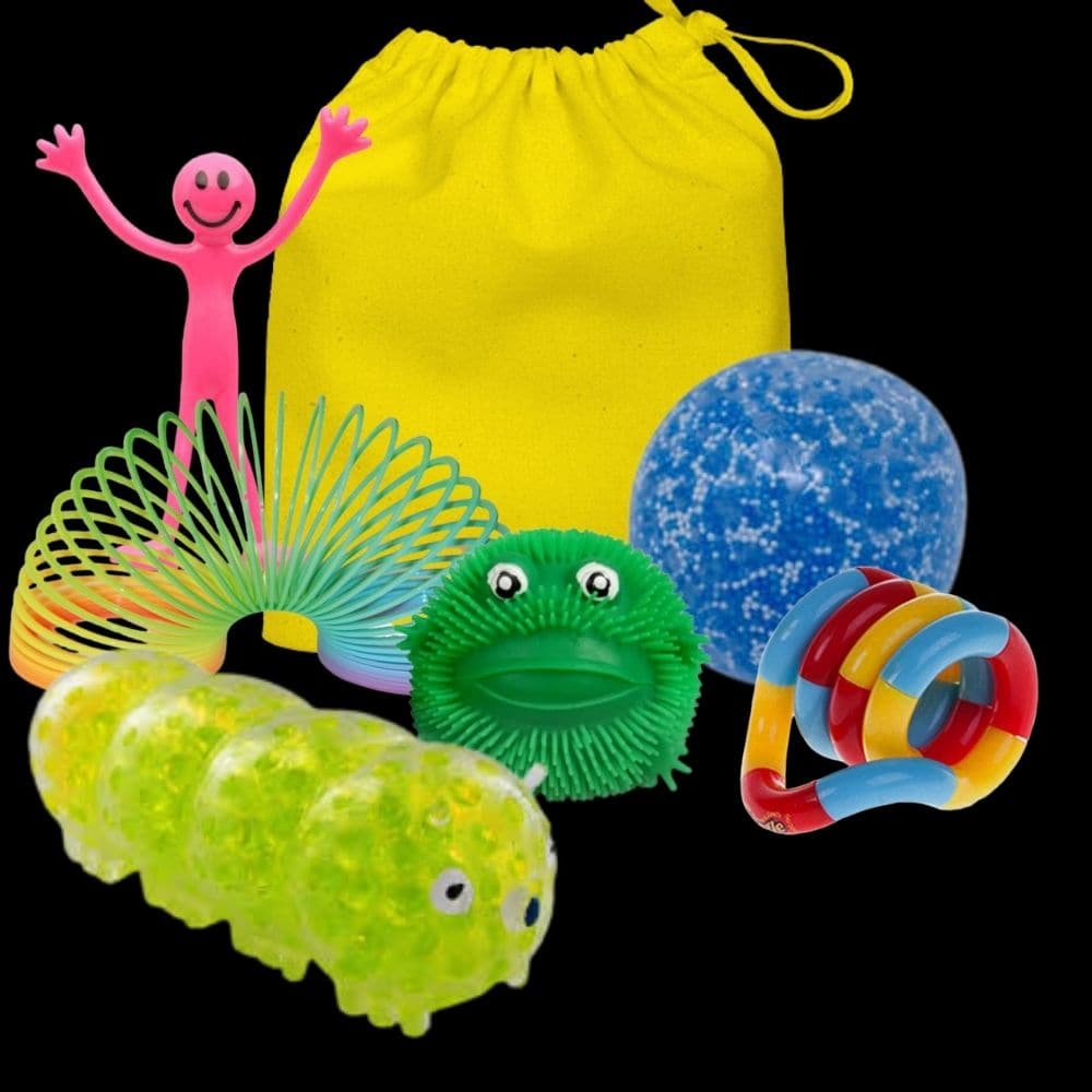 Fidget Bag 1, Our easy to carry portable Fidget bag contains a selection of fantastic fidget toys all contained within a delightful cotton bag. The Fidget bag 1 is a fantastic resource for when your out and about and need to keep those hands busy or for keeping a personal hand fidget collection in the classroom. The Fidget bag 1 is brimming with squeezy and stretchy fidget toys. Our fantastic fidget bag allows your child to have a mini bag of distraction which can be useful in situations such as: Car journe