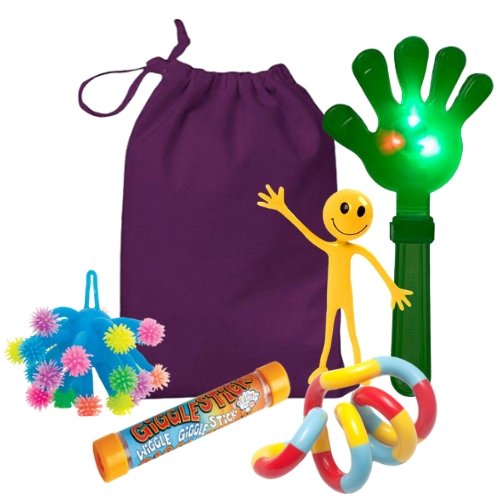 Fidget Bag 6, Our easy to carry portable Fidget bag contains a selection of fantastic fidget toys all contained within a delightful cotton bag. The Fidget Bag 6 is a fantastic resource for when your out and about and need to keep those hands busy. Our fantastic fidget bag allows your child to have a mini bag of distraction which can be useful in situations such as: Car journeys Day trips Shopping visits Classroom enviroments The fidget bag contains a selection of easy to hold and use tactile toys which incl