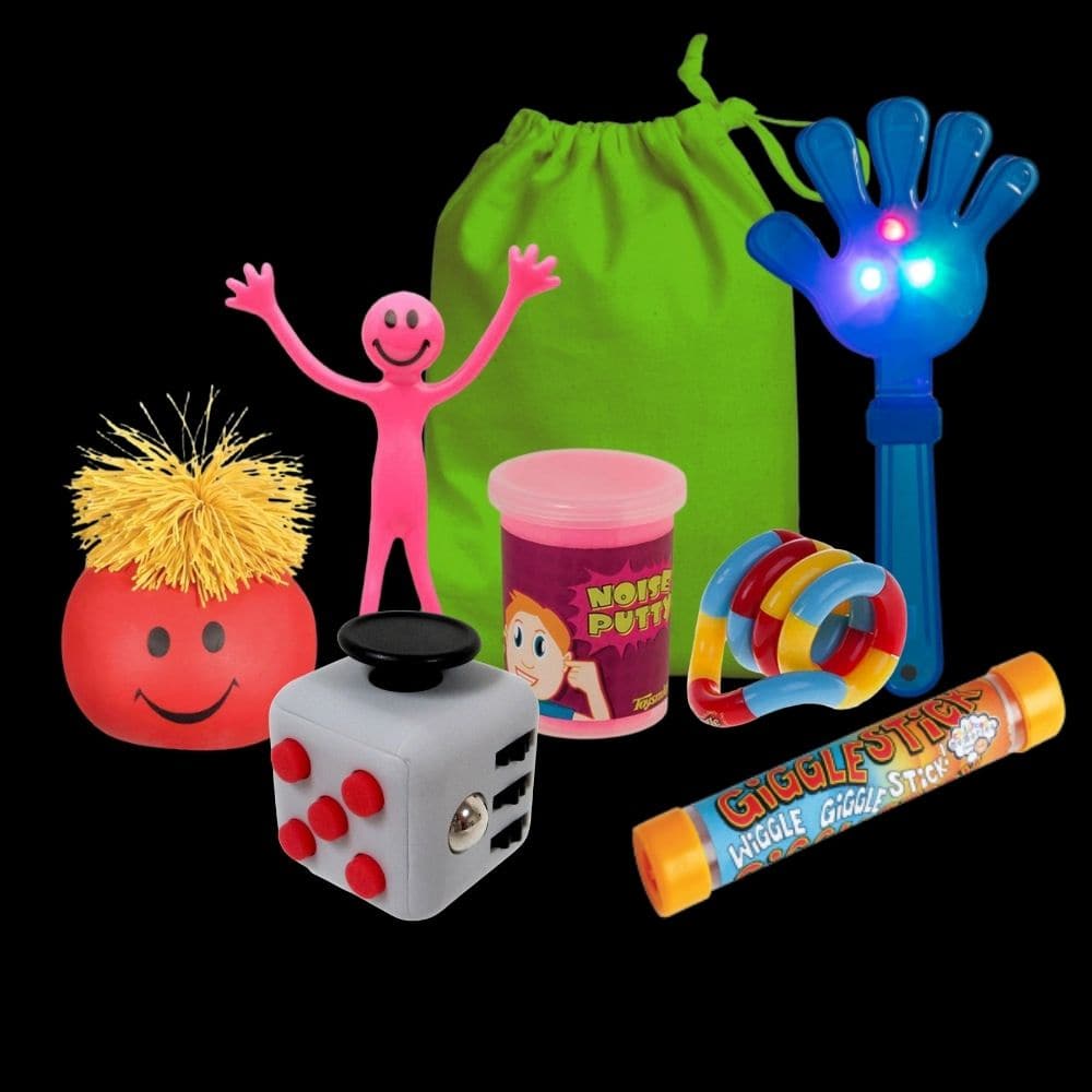 Fidget Bag 7, Our easy to carry portable Fidget bag 7 contains a selection of fantastic fidget toys all contained within a delightful cotton bag. A delightful and fantastic resource for when your out and about and need to keep those hands busy. Our fantastic fidget bag allows your child to have a mini bag of distraction which can be useful in situations such as: Car journeys Day trips Shopping visits Classroom enviroments The fidget bag contains a selection of easy to hold and use tactile toys which include