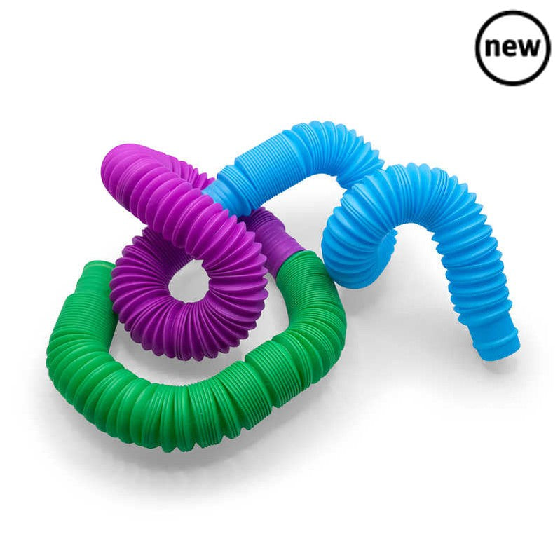 Fidget Pop Tubes Set, Pack of brightly coloured bendy pop tubes that can expand and contract. This set of Fidget Pop Tubes Set appears compact at first, but pull on either end and they will open up into long tubes up to 70cm in length. What's more, they can bend round and connect end-to-end, or even attach to each other to form longer tubes. Pack includes eight tubes in a variety of different colours. Fidget Pop Tubes Set Pack of eight fidget toy tubs Bendy and flexible Can expand and contact Connect at eac