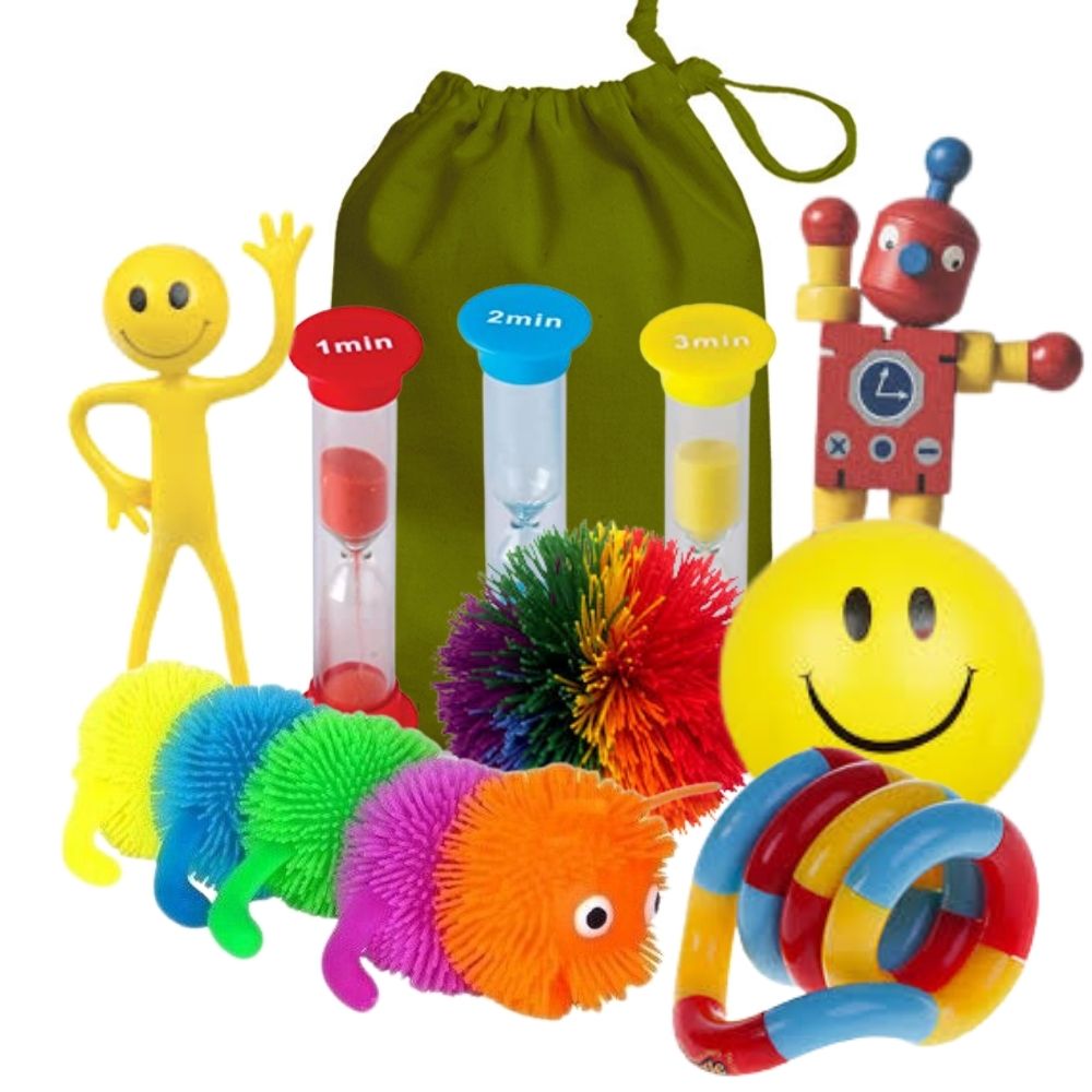 Fidget Time Fun Kit, Introducing the Fidget Time Fun Kit - your ultimate solution to keep fidgety hands busy and minds focused. This fantastic bag is packed with a variety of popular fidget toys designed to cater to sensory seekers and individuals with overactive minds. The Fidget Time Fun Kit is not just a bag of toys, but a valuable resource to help manage stress, increase concentration, and provide a fun and calming distraction. Each toy in the kit has been carefully selected for its unique sensory attri
