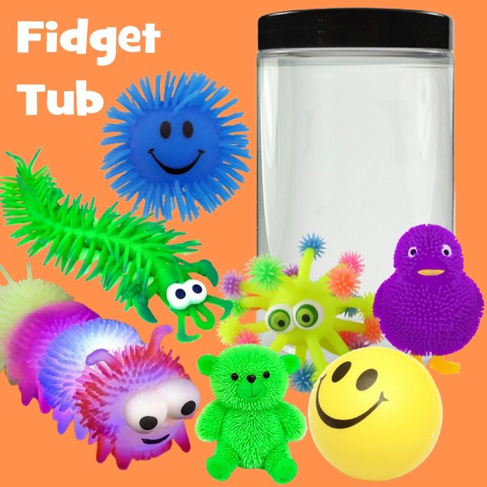 Fidget Tub, Crammed full of fiddle fidget toys- We created a tub of fiddle and fidget toys for people that need movement in their life to help them perform at their best.The Fidget Tub contains everything a child will want to explore the textures and feels from each and every toy.The Fidget tub contains a secure screw top lid meaning this can be carried around with ease. All the toys are contained with an easy to use and carry around plastic storage tub with kid making this ideal for taking on journeys or t