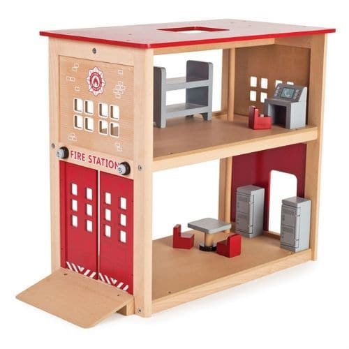 Fire Station Set, Spark imaginative play with this delightful wooden Fire Station from Tidlo. Perfect for any budding young firefighter, this extensive set features a firefighters pole, a sloping ramp and swing open doors, two lockers, a table, three chairs, a dispatch desk and bunk bed. Send the fire fighters (sold separately) into action by whizzing them down the pole. The firefighters can then jump into the fire engine (sold separately), before making a swift exit down the sloping ramp and through the sw