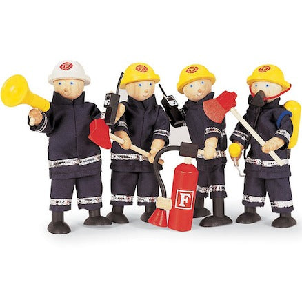 Firefighters Set, Set of four firefighter toys ready to race to the rescue, put out fires, rescue cats out of trees and whatever else the imagination allows! All happy and ready to work, the Tidlo firefighters are dressed ready for a day of fire fighting. With flexible, poseable arms and legs, each of the wooden dolls can stand or sit - meaning no fire rescue mission is out of bounds! These delightful characters come with accessories, including an axe, megaphone, fire extinguisher and breathing equipment. F