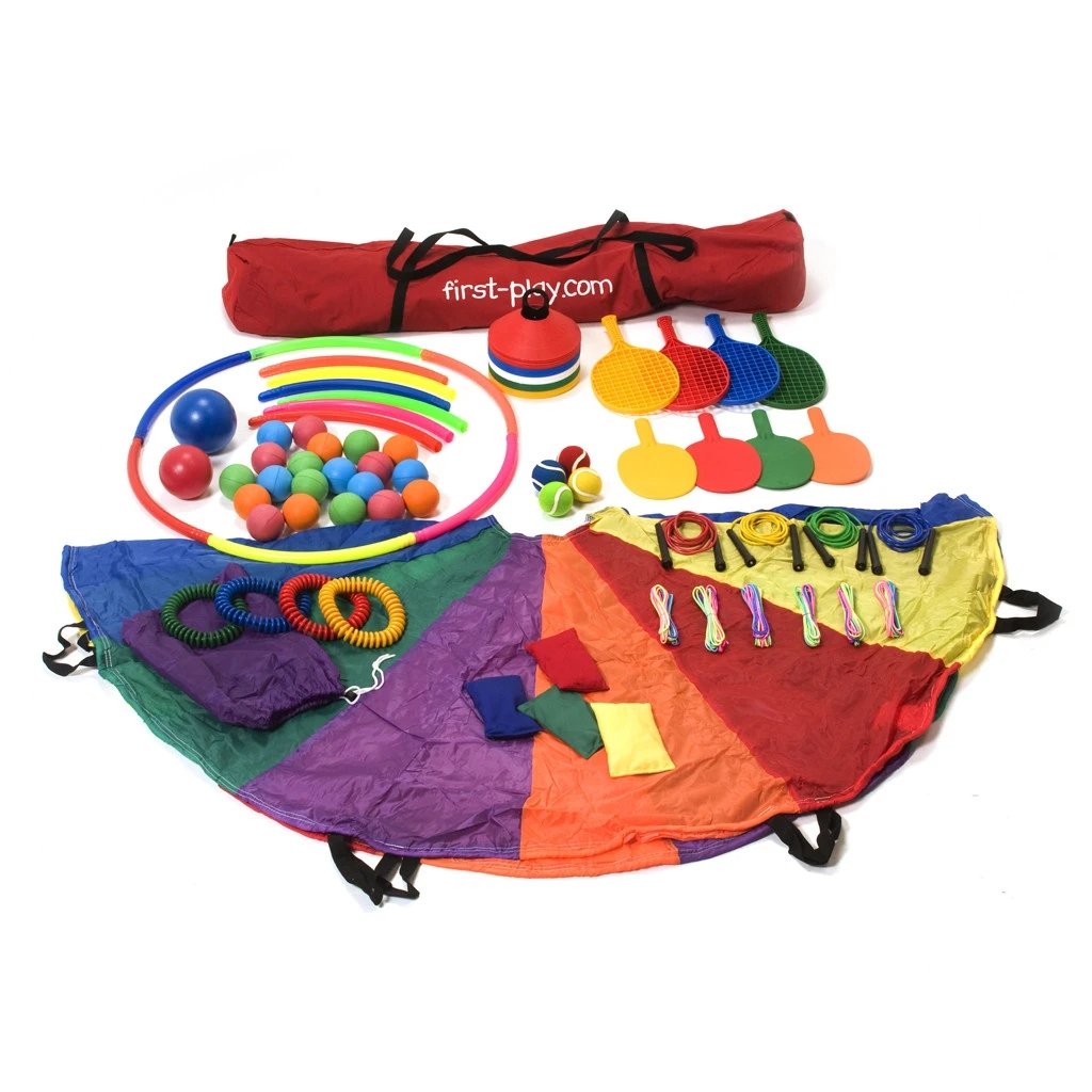 First Play Deluxe Bag, Introducing the First Play Deluxe Bag - the ultimate selection of fun and colorful play items that will take playtime to a whole new level of excitement! Designed for all ages and perfect for teaching fundamental skills, this bag is a must-have for any classroom or recreational space.Packed with a whopping 105 pieces of equipment, the First Play Deluxe Bag offers endless possibilities for a variety of games and activities. Whether you're planning a game of tag, soccer, or even a relay