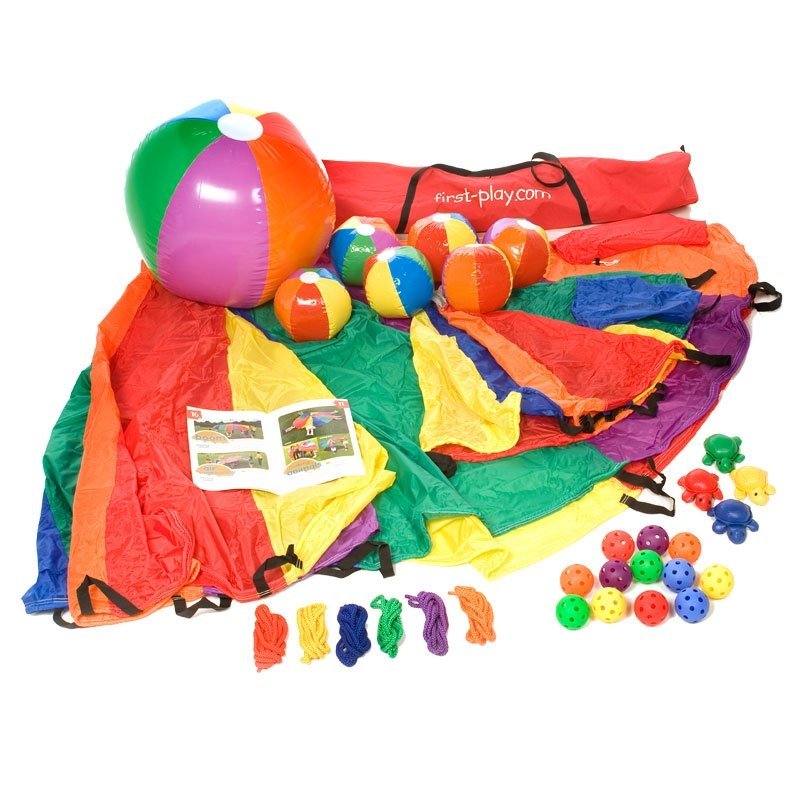 First play Junior Parachute Resource Kit, The First play Junior Parachute Resource Kit is a colourful and value pack containing two parachutes along with all the equipment you need to play 30 fun and exciting games supplied in a resource book. Allows upto 20 children to participate. Fosters imagination and creativity. Full colour activity games book. Weight 4kg approx. The First play Junior Parachute Resource Kit contains two parachutes along with all the equipment you need to play 30 fun and exciting games
