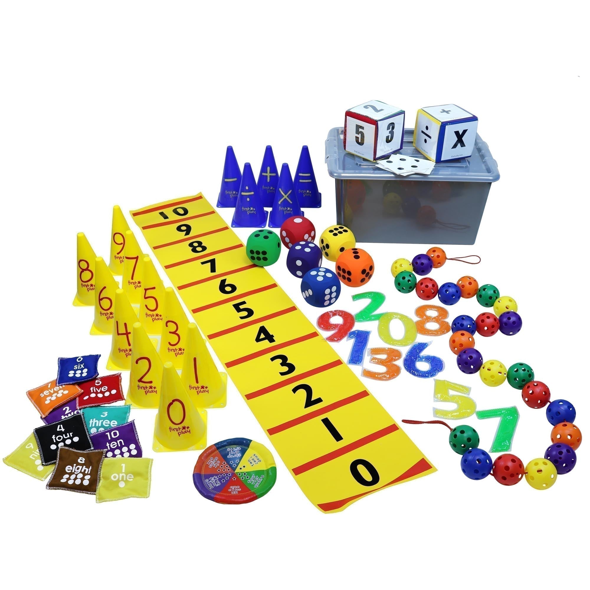 First play Maths Activity Chest, The First play Math's Activity Chest is an innovative kit specifically designed to integrate maths learning with physical activity. This unique approach aims to make learning numeracy fun, engaging, and interactive, while also promoting physical fitness. Key Features: Learn Numeracy Through Play: The kit's resources facilitate the understanding of mathematical concepts through interactive games and activities. Versatile Learning Environments: Ideal for both indoor and outdoo