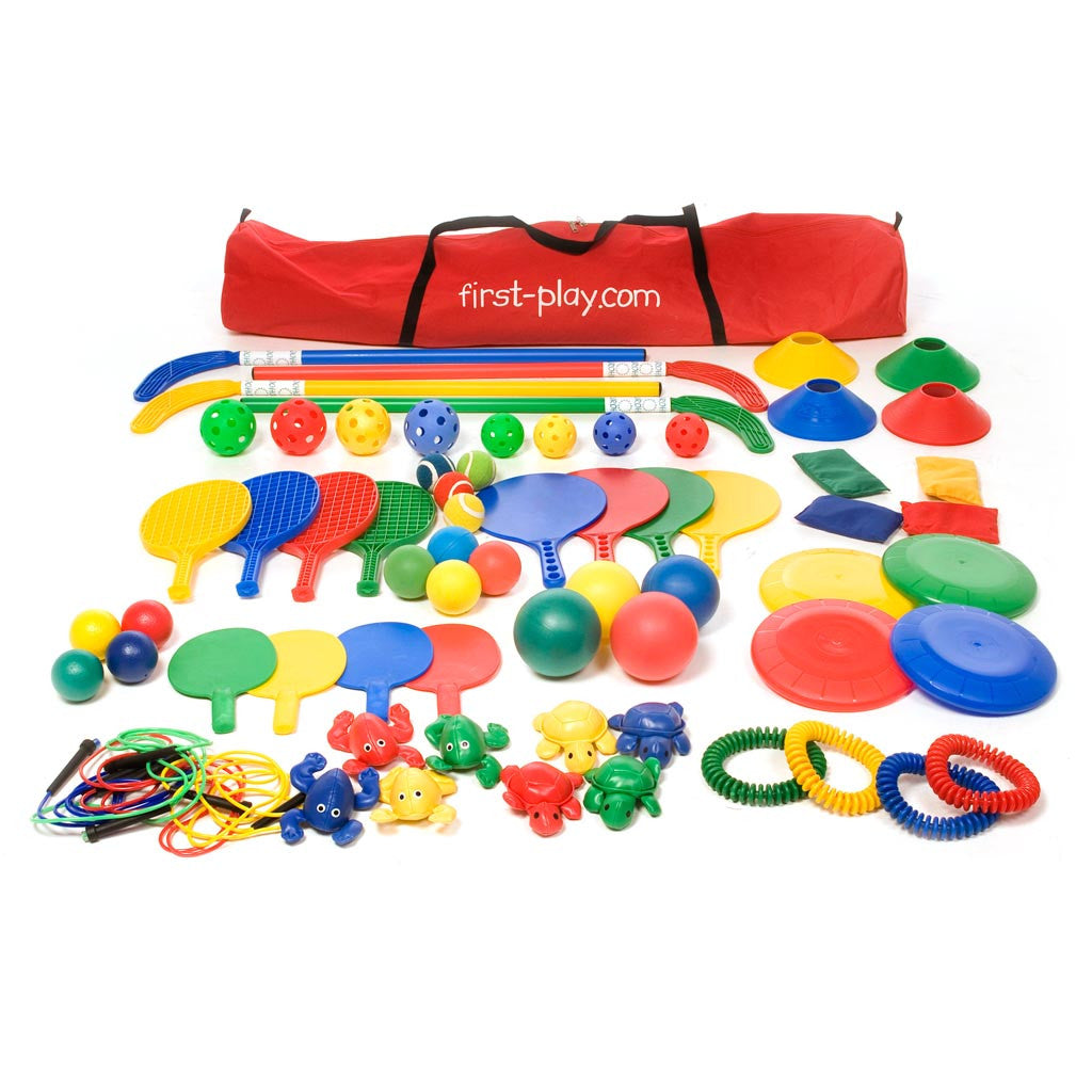 First-play Multi Colour Activity Holdall, The First-play Multi Colour Activity Holdall is a comprehensive 84-piece set designed to engage young children in a variety of physical activities. This all-in-one kit aims to encourage skill development, all while being fun and accessible. First-play Multi Colour Activity Holdall Features: Wide Range of Equipment: This set includes 84 pieces of assorted activity equipment ranging from hockey sticks and balls to bean bags and skipping ropes. Quality and Safety: The 