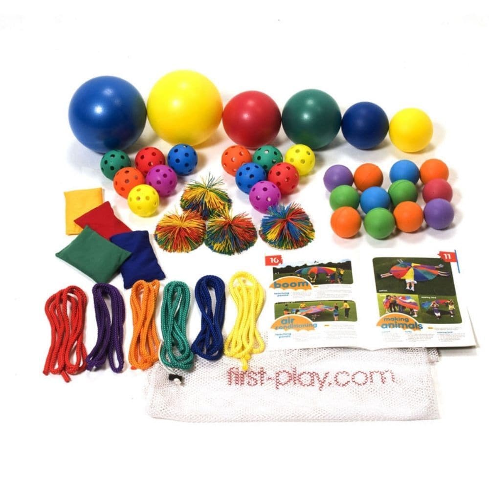 First play Parachute Accessories Kit, Introducing the ultimate in group play and team-building fun – the First Play ® Parachute Accessory Fun Pack! Whether you’re a teacher, a coach, or just someone looking to add a splash of excitement to group activities, this set promises endless laughter and enjoyment. Features: Comprehensive Set: With a whopping 44 pieces, this pack offers a diverse range of equipment to keep the fun going and going. Progressive Activity Book: The included parachute games book offers o