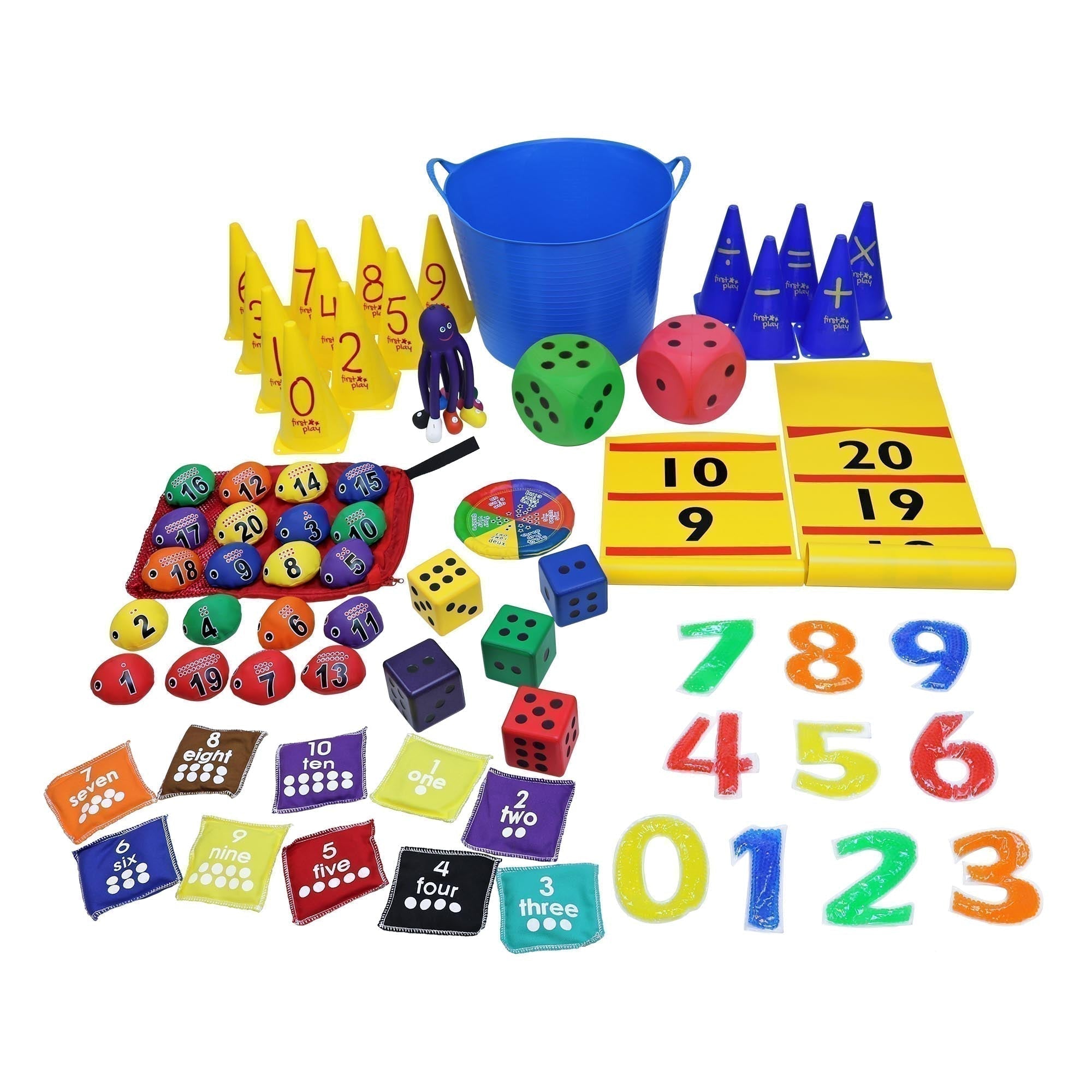 First Play Pick Up and Count Tub, The First Play Pick Up and Count Tub offers a comprehensive, portable solution for children to engage in learning mathematics while also participating in physical activities. The variety of equipment included makes it suitable for both indoor and outdoor environments, allowing educators and caregivers greater flexibility. First Play Pick Up and Count Tub Features: Educational and Fun: A mixture of different tools specifically aimed to make learning about numbers and basic m