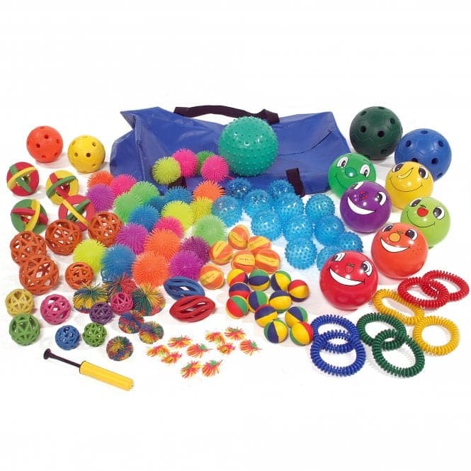 First play Sensory Fun Ball Pack, A fantastic set containing over 100 different tactile balls. Great for use with large groups. Ideal for sensory and motor skills, hand/eye co-ordination and much more. Included in the set is a large storage bag along with a ball inflator. 109 Pieces of equipment Selection of textured surface Perfect for all ages Supplied in storage bag A fantastic set containing over 100 different tactile balls. Great for use with large groups. Ideal for sensory and motor skills, hand/eye c