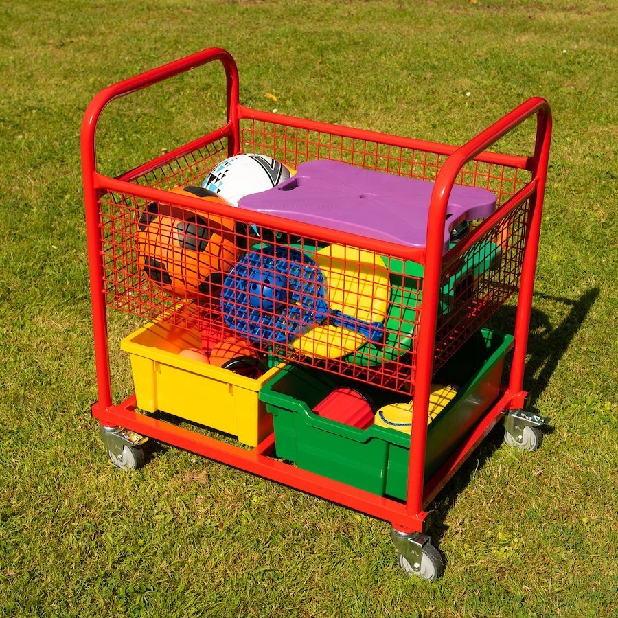 First Play Storage Trolley, The First Play Storage Trolley is a versatile, fully welded storage trolley, ideal for lunch time playground equipment. The First Play Storage Trolley features four hard wearing lockable castors. Complete with 2 large Gratnell trays for extra storage. Low profile of handles allows children to wheel trolley, great for mini and play leaders. This versatile trolley is epoxy powder coated in red, fitted with four braked rubber castors for ease of movement. The First Play Storage Trol