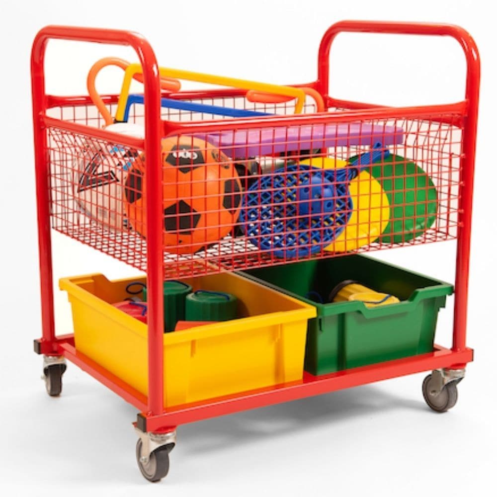 First Play Storage Trolley, The First Play Storage Trolley is a versatile, fully welded storage trolley, ideal for lunch time playground equipment. The First Play Storage Trolley features four hard wearing lockable castors. Complete with 2 large Gratnell trays for extra storage. Low profile of handles allows children to wheel trolley, great for mini and play leaders. This versatile trolley is epoxy powder coated in red, fitted with four braked rubber castors for ease of movement. The First Play Storage Trol
