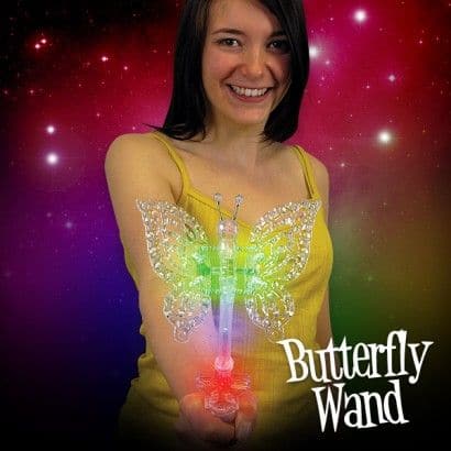 Flashing Butterfly Wand, Our delightful Butterfly wand is a fantastic light up flashing wand and offers a fantastic array of colours as it rotates through the red blue and green colour cycle. The butterfly wings are spring loaded which allows the butterfly wand to adjust to every little or big movement you make. The butterfly wand is a lovely colourful flashing wand which is enchanting and magical. Watch the butterfly flashing wand as its wings light up and the butterfly antenna's also light up. Flashing Bu
