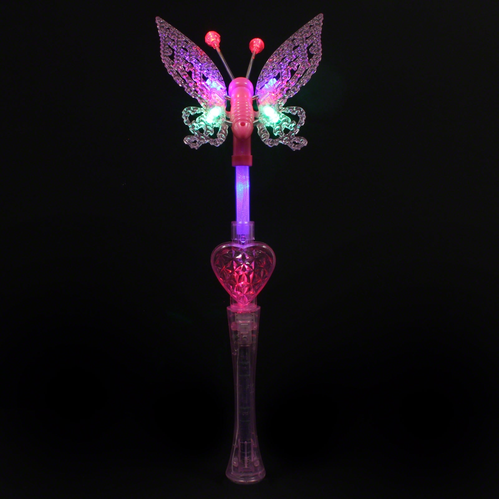 Flashing Butterfly Wand, Our delightful Butterfly wand is a fantastic light up flashing wand and offers a fantastic array of colours as it rotates through the red blue and green colour cycle. The butterfly wings are spring loaded which allows the butterfly wand to adjust to every little or big movement you make. The butterfly wand is a lovely colourful flashing wand which is enchanting and magical. Watch the butterfly flashing wand as its wings light up and the butterfly antenna's also light up. Flashing Bu