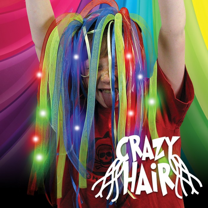 Flashing Crazy Hair, The Flashing Crazy Hair has two bunches of bright and colourful flashing dreadlocks are featured on a flexible headband with bright LEDs running through intermittent hair strands. The Flashing Crazy Hair is a great way to have flashing effects on your head leaving your hands free for more flashing fun! Flashing Crazy Hair with twinkling effect. Flashing Crazy Hair Flashing Crazy Hair with twinkling effects Flashing Crazy Hair approximately 50cm long One size fits all 3 x AG13 batteries 