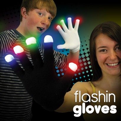 Flashing Light Up Gloves, Make crazy streaking patterns with your hands in the dark using the Flashing Light Up Gloves! Each finger and thumb has a built-in array of 3 LEDs at the fingertips in red, green, and blue, for a total of 15 LEDs per Flashing Light Up Glove. Six different lighting modes are selectable at the push of a hidden button: fast multicolor strobe, slow color morphing, steady on with all 3 colors at once, flashing all red, flashing all green, and flashing all blue. Light up your finger tips