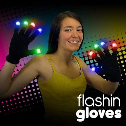 Flashing Light Up Gloves, Make crazy streaking patterns with your hands in the dark using the Flashing Light Up Gloves! Each finger and thumb has a built-in array of 3 LEDs at the fingertips in red, green, and blue, for a total of 15 LEDs per Flashing Light Up Glove. Six different lighting modes are selectable at the push of a hidden button: fast multicolor strobe, slow color morphing, steady on with all 3 colors at once, flashing all red, flashing all green, and flashing all blue. Light up your finger tips