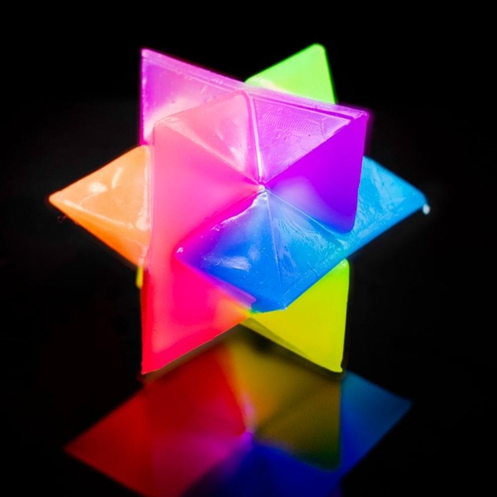 Flashing Prism Ball, The Flashing Prism Ball is a Twelve-pointed prism-shaped bouncy ball that flashes on impact. Throw the peculiarly shaped Flashing Prism Ball and it will bounce in a random direction thanks to its angular shape. As the Flashing Prism Ball bounces the LED core illuminates and flashes. Throw it, Catch it, roll it. Bounce it to activate internal flashing lights. Use this Flashing Geo Ball for flexible massage & stimulation, hand & finger exercise, and throwing & catching skills. The Flashin