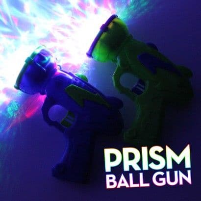 Flashing Prism Gun, Pull the trigger on the flashing prism gun and see a kaleidoscope of colour projected onto surrounding surfaces! The Flashing Prism Gunis available in a mix of green and blue guns, the end of each Flashing Prism Gun contains multi coloured LEDs that shine through a rotating multi faceted disco ball for incredible effects! The Flashing Prism Gun is perfect for parties and more, kids will love to be trigger happy with this mesmerising Flashing Prism Gun Flashing prism gun Multi coloured LE