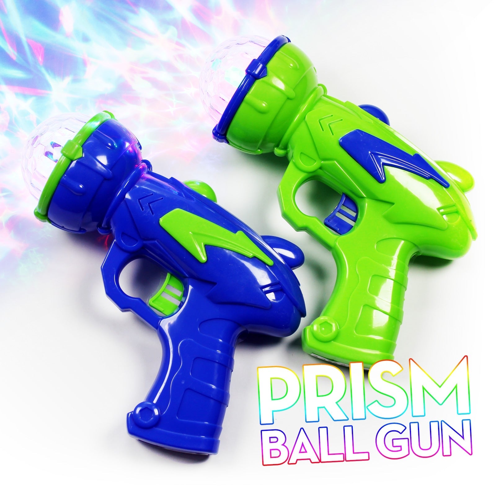 Flashing Prism Gun, Pull the trigger on the flashing prism gun and see a kaleidoscope of colour projected onto surrounding surfaces! The Flashing Prism Gunis available in a mix of green and blue guns, the end of each Flashing Prism Gun contains multi coloured LEDs that shine through a rotating multi faceted disco ball for incredible effects! The Flashing Prism Gun is perfect for parties and more, kids will love to be trigger happy with this mesmerising Flashing Prism Gun Flashing prism gun Multi coloured LE