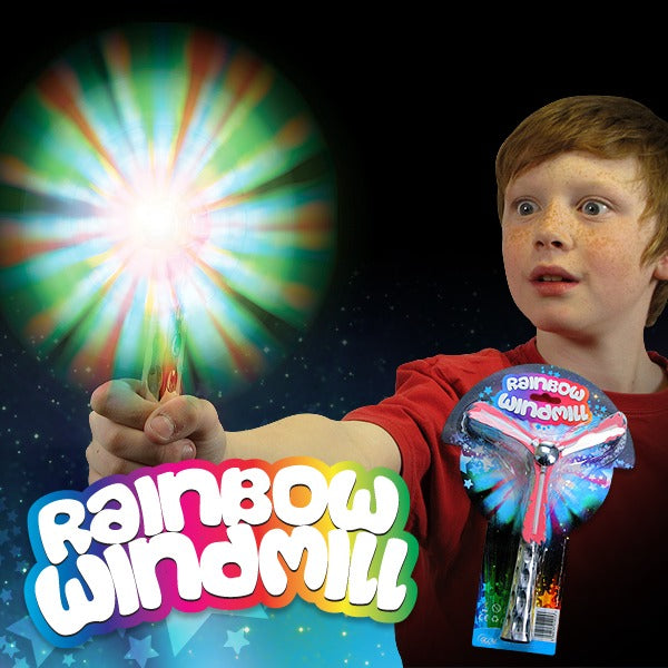 Flashing Rainbow windmill, The flashing rainbow windmill spinner is a captivating colour changing light up windmill. Designed to look like a Catherine wheel its sure to capture a child's attention with its fantastic array of sensory colours and patterns. Watch the flashing rainbow spinner wand as it spins and creates a colourful illusion. Watch the Flashing Rainbow windmill as its lighting colours and patterns change throughout use. The Flashing Rainbow windmill is powered by a very simple on and off slide 