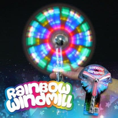 Flashing Rainbow windmill, The flashing rainbow windmill spinner is a captivating colour changing light up windmill. Designed to look like a Catherine wheel its sure to capture a child's attention with its fantastic array of sensory colours and patterns. Watch the flashing rainbow spinner wand as it spins and creates a colourful illusion. Watch the Flashing Rainbow windmill as its lighting colours and patterns change throughout use. The Flashing Rainbow windmill is powered by a very simple on and off slide 