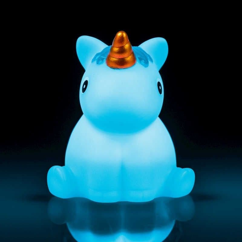 Floating Unicorn Bath Light, The Unicorn Bath Light is a delightful unicorn figure that lights up. Place your fingers on the bottom of the unicorn and it will illuminate from the inside with a warming glow and transform bath time into a mystical water play adventure. This enchanting little dude will make all of your bathtub dreams come true, and assist in melting away the worries of the day with his ever-changing colour spectrum,creating the calmest bath time you will ever experience. Adorable design with a
