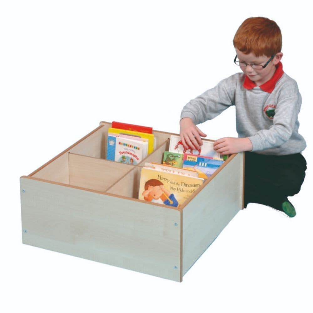 Floor Level 4 Compartment Kinderbox, The Floor Level 4 Compartment Kinderbox will make your classroom or nursery an inspirational space for learning and will compliment the other products in our school range. The kinderbox has 4 compartments for book storage and is delivered fully assembled and ready to use. The Kinderbox comes with castors for easy storage. 15mm Covered MDF – ISO 22196 certified antibacterial. 4 deep storage compartments. Fitted with castors for easy moving. Dimensions 550 × 570 × 250 mm, 