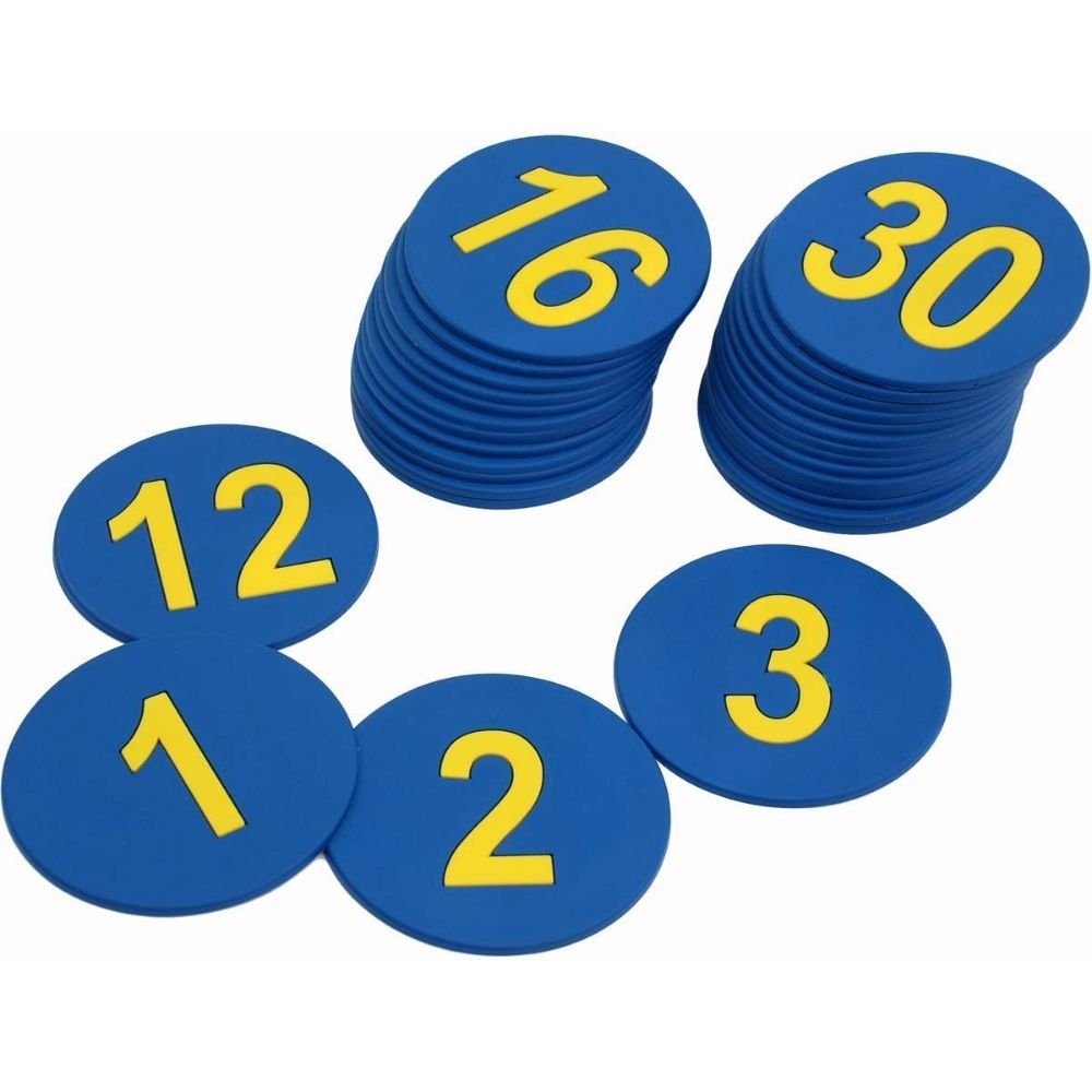 Floor Marking Set (1-30), Fun play item for younger children allowing them to follow paths of your choice. Set of 30 5" diameter individually numbered vinyl markers. A fantastic classroom resource to help with social distancing and safe seating. Create an obstacle course or activity stations for students with these brightly coloured spots. Ideal for use in schools, day cares, after school programs, community canters and recreational facilities. Poly construction withstands the rigours of your P.E. class' or