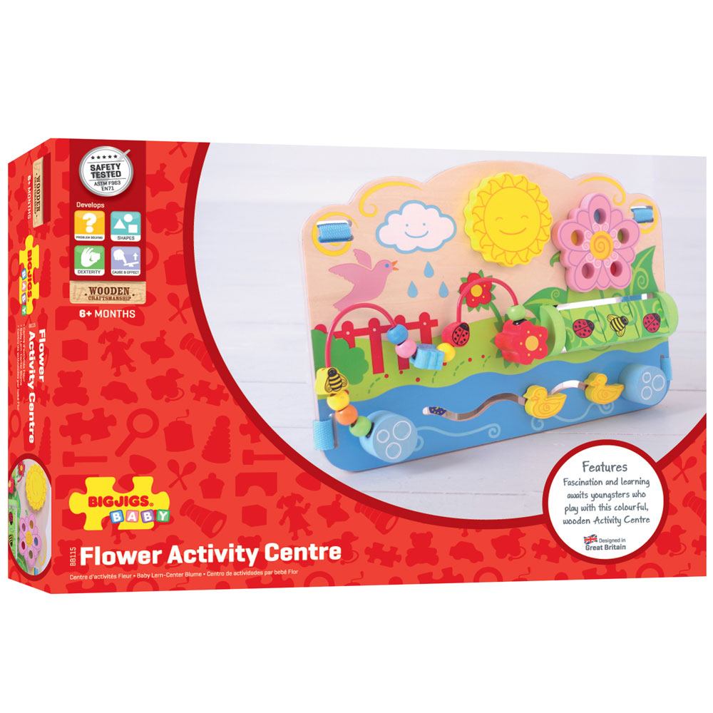 Flower Activity Centre, The Flower Activity Centre is a versatile and engaging toy that's ideal for encouraging a range of developmental skills in your little one. With straps designed to attach it securely to a cot bed, it's easily accessible and promises a world of discovery right at your child's fingertips. One of the highlights is the spinning sun and flower, which not only entertain but also help improve fine motor skills as your child learns to grasp and turn the pieces. The matching blocks featuring 