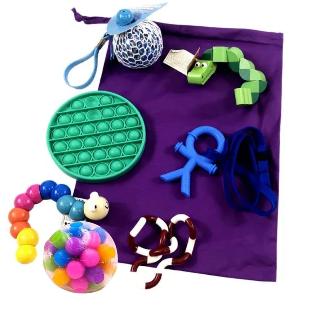 Focus 4 Fidgets 7 Pack, Introduce the Focus for Fidgets 7 Pack, a treasure trove of sensory satisfaction and focus. This value-packed set is filled with a variety of fidget toys, each offering a unique sensory experience, designed to enhance focus and relieve stress, all contained in a convenient drawstring bag. 🎁 What’s Inside the Focus for Fidgets 7 Pack? Stress Ball: For squeezing away the tension. Twist 'n' Lock Blocks Fidget Toy: A twisting delight for endless configurations. CHUIT Chew Buddy: A safe a
