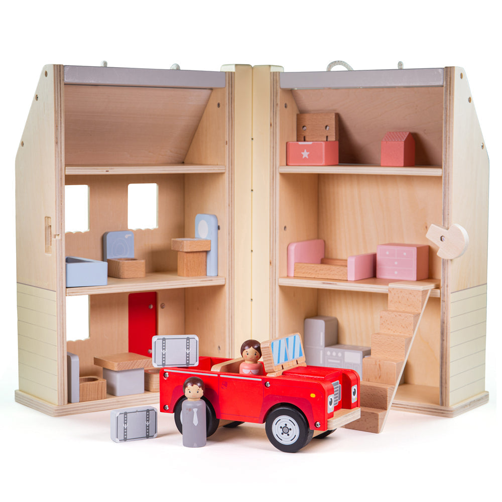 Folding Dolls House Set, Introduce tots to their first miniature home with our Folding Dollhouse Set. Open the wooden dolls house up to reveal three-storeys of rooms. Comes with a bathroom, kitchen, dining area, bedrooms and attic space - there’s also a convertible red car and Mr & Mrs wooden dolls. The included 13x chunky pieces of doll house furniture - ideal for little hands to examine, grasp and replace. They can also furnish the dolls house to their own taste - playing independently or with grown-ups a