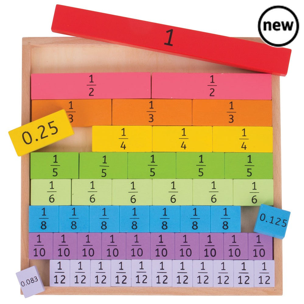 Fractions Tray, This fantastically simple educational toy allows children to get hands-on with fractions, providing a visual and tactile way to teach fractions and their relationships. The colour-coded pieces help little ones to visualise and identify fractions with ease as they line up the tiles in the tray. The colourful wooden pieces will ensure young minds stay fully engaged as they learn fractions from 1 to 1/12. Decimals can also be found on the back of each tile! This maths toy is a great way to deve