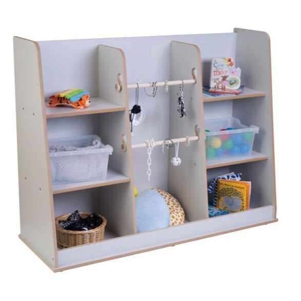 Free Standing Loose Parts Shelf Grey, The Free Standing Loose Parts Shelf Grey is a robust and versatile storage solution specifically crafted for educational settings like schools and Early Years Foundation Stage (EYFS) facilities. Here's a rundown of its key features and benefits: Features of the Free Standing Loose Parts Shelf Grey: Material: 15mm Covered MDF – ISO 22196 certified antibacterial: This feature adds an extra layer of safety by ensuring the surface is antibacterial, which is essential in env