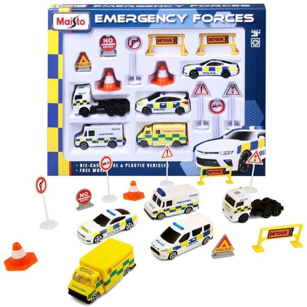 Fresh Metal Emergency Force Playset, The Fresh Metal emergency vehicle playset is a thrilling addition to any young child's toy collection. This set features five diecast toys, each designed in the likeness of real-life emergency response vehicles. Included in the set are a police van, police truck, ambulance, and two police cars, all painted in eye-catching shades of blue and white with graphics depicting the brave men and women who serve as first responders. But it's not just the toys themselves that make